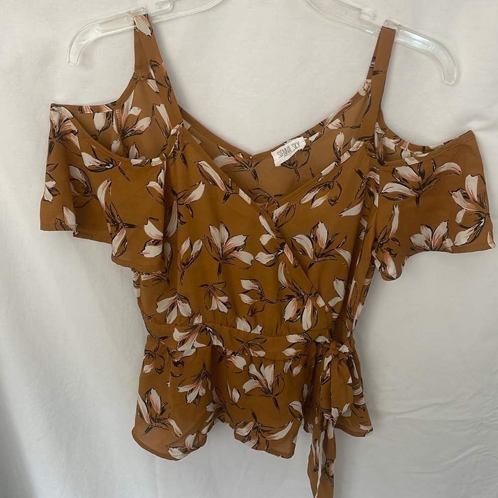 Open shoulder blouse, size small, tie-front belt